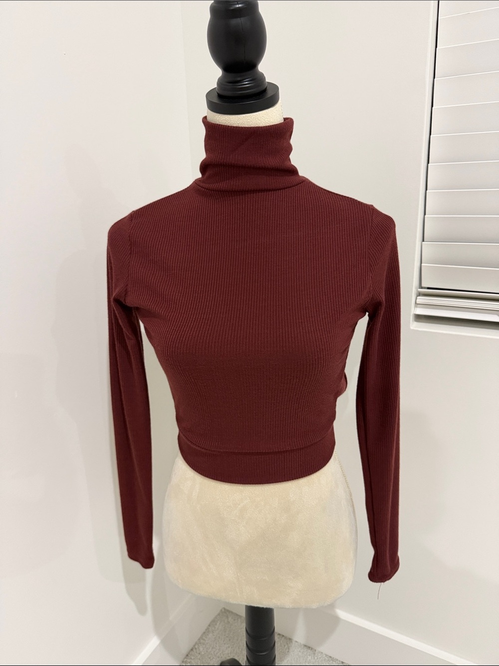 PrettyLittleThing Ribbed Burgundy Turtleneck Crop Top